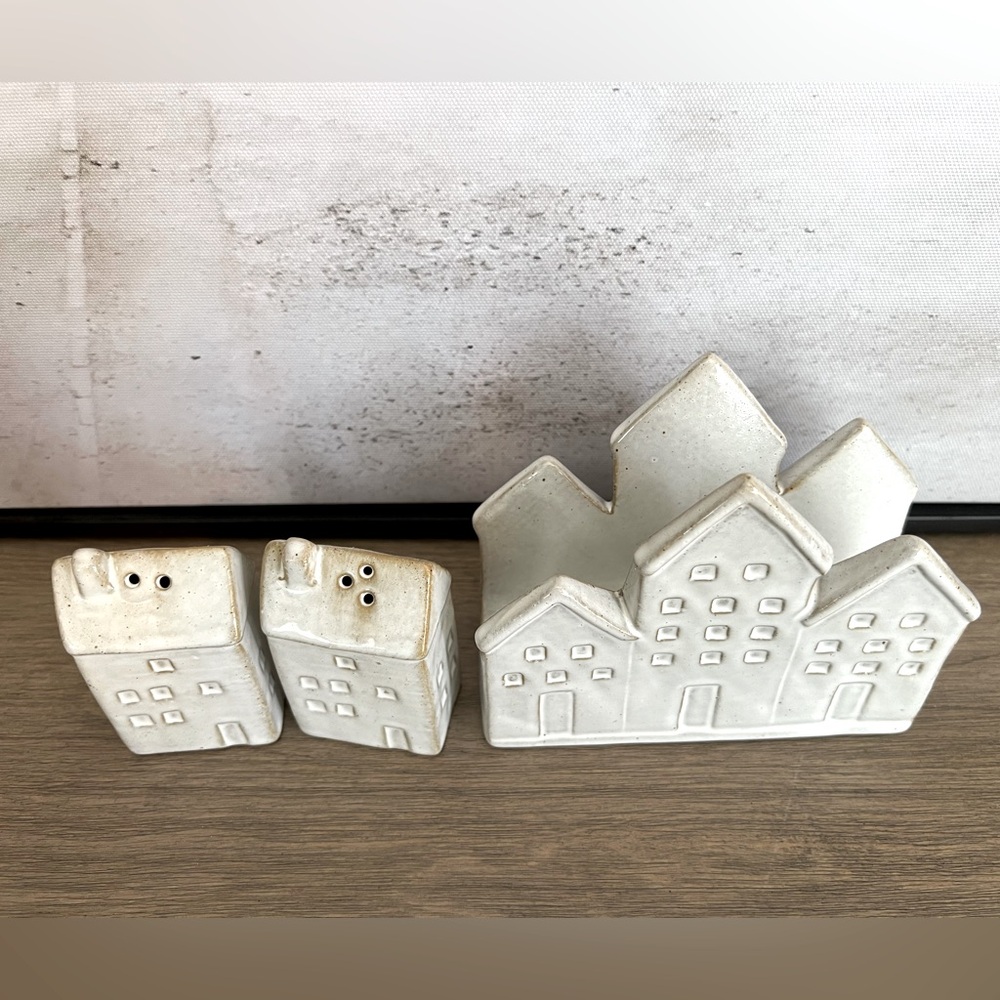Cottagecore Ceramic Homes Set of Salt & Pepper Shakers + Napkin Holder